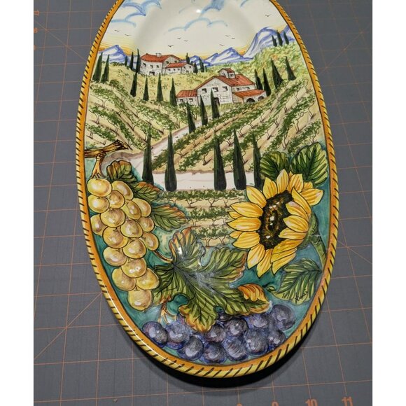 Hand-Painted Italian Ceramic Wall Plate Vineyard Scene Sunflowers - Picture 6 of 16